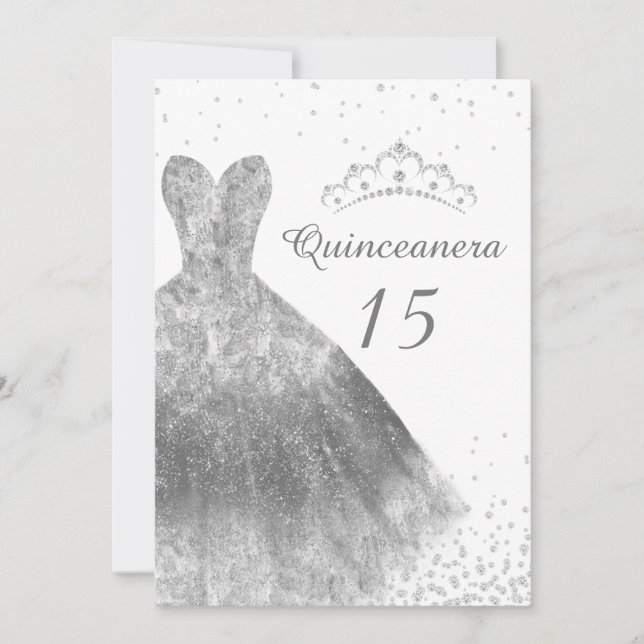 Silver Dress & Tiara Quinceanera 15th Birthday Invitation (Front)