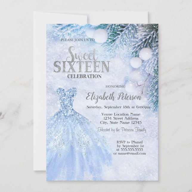 Silver Dress Winter Wonderland Sweet 16 Party  Invitation (Front)