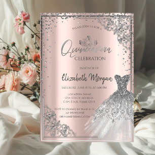 Silver DressTiara,Diamonds Rose Gold Quinceañera Invitation