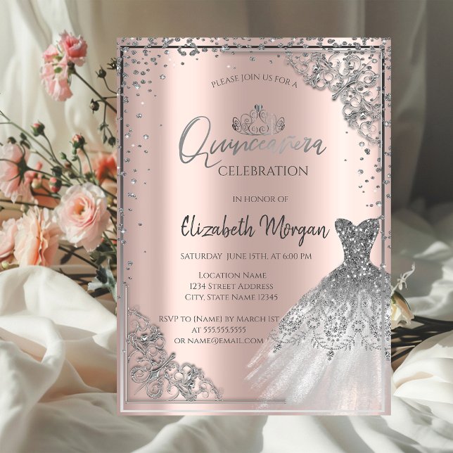 Silver DressTiara,Diamonds Rose Gold Quinceañera  Invitation (Creator Uploaded)