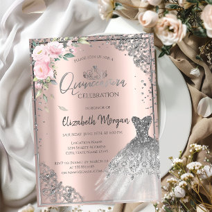 Silver DressTiara,Flowers Rose Gold Quinceañera Invitation