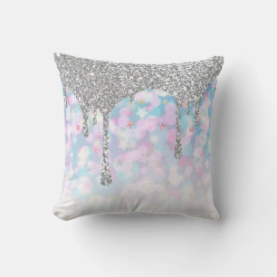 *~* Silver Drip Glitter Pastel Blue Pink Stars Cushion