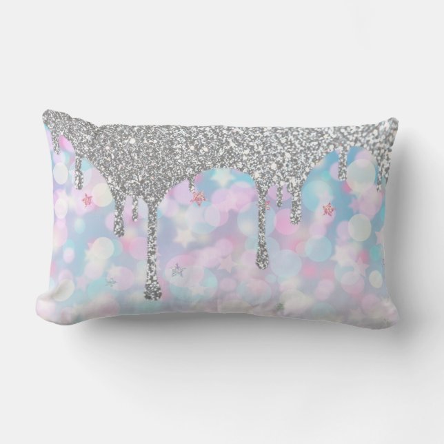 *~* Silver Drip Glitter -  Pastel Blue Pink Stars  Lumbar Cushion (Front)