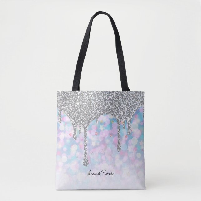 *~* Silver Drip Glitter Pastel Blue Pink Stars Tote Bag (Front)