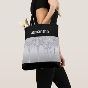 Silver Dripping Glitter Black Monogram Trendy Tote Bag