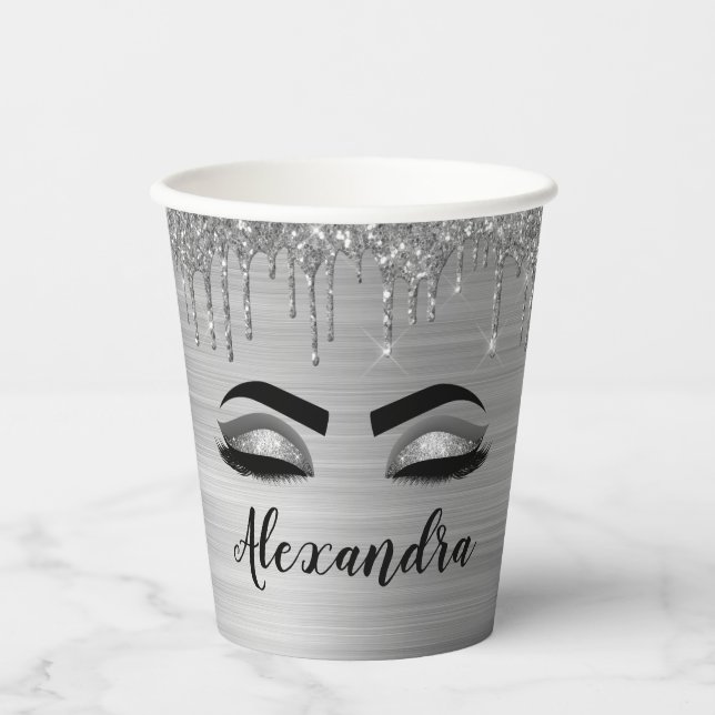 Silver Dripping Glitter Glam Eyes Paper Cups (Front)