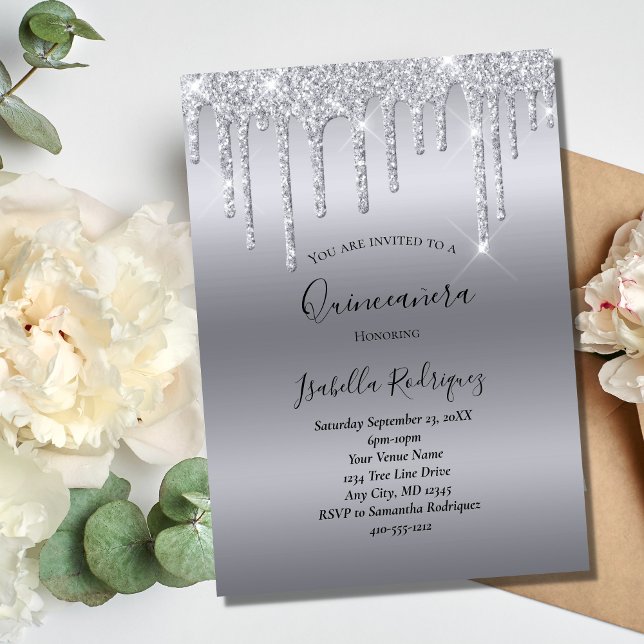 Silver Dripping Glitter Glam Quinceanera Birthday Invitation (Creator Uploaded)