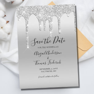 Silver Dripping Glitter Glam Trendy Elegant Save The Date