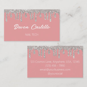 Silver Dripping Glitter Pink Glam Nail Tech Business Card