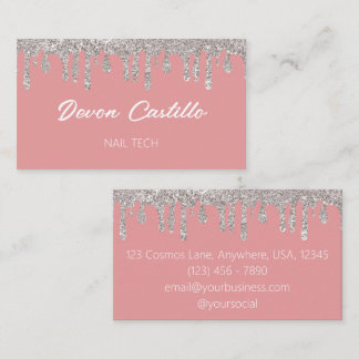 Silver Dripping Glitter Pink Glam Nail Tech Business Card