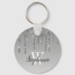 Silver Dripping Glitter Sparkles Monogram Key Ring