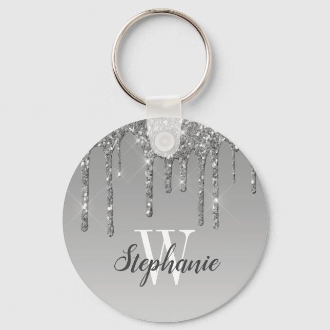 Silver Dripping Glitter Sparkles Monogram Key Ring (Front)