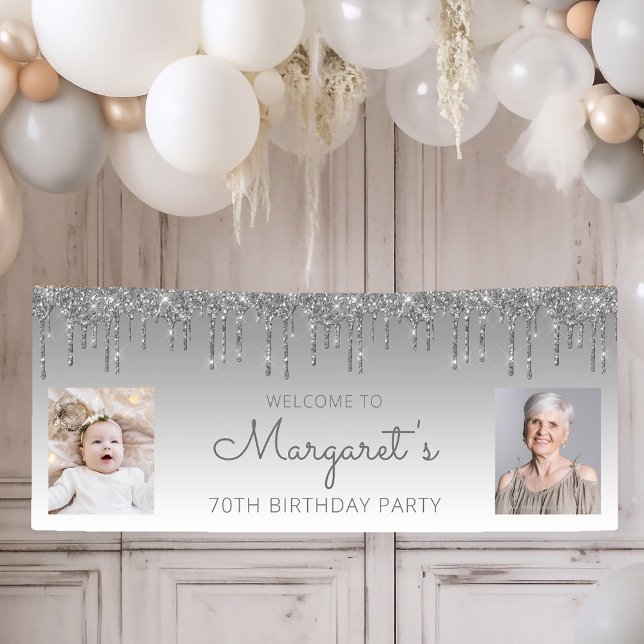 Silver Dripping Glitter Two Photo 70th Birthday Banner (Creator Uploaded)