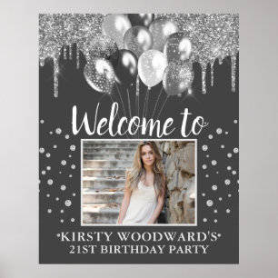 Silver Dripping Glitter with Balloons Birthday Poster