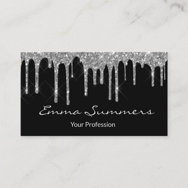 Silver Drips Black Elegant Unique Custom Business Card (Front)