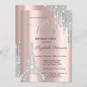 Silver Drips,Diamonds Eiffel Tower 30th Birthday  Invitation