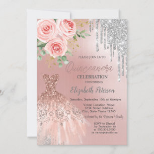 Silver Drips,Dress,Pink Roses Quinceanera   Invitation