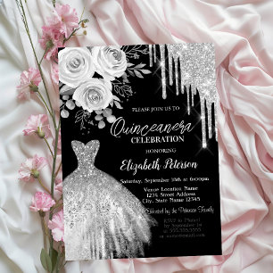 Silver Drips,Dress Roses Black Quinceanera   Invitation