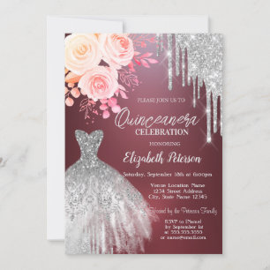 Silver Drips,Dress Roses Burgundy Quinceanera   Invitation