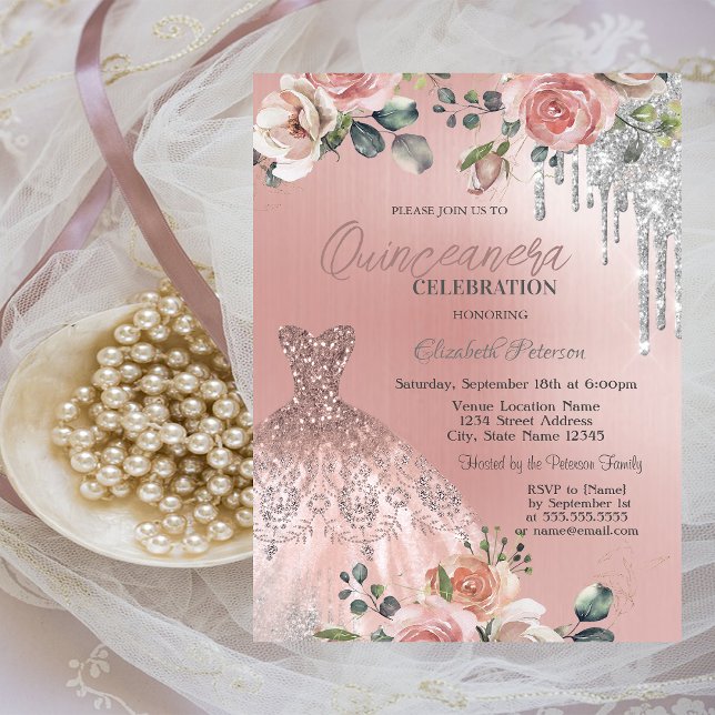 Silver Drips,Dress,Roses Pink Quinceanera  Invitation (Creator Uploaded)