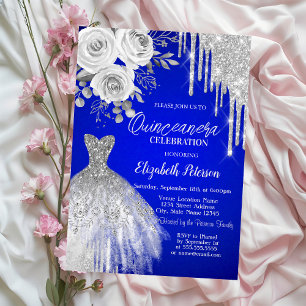 Silver Drips,Dress Roses Royal Blue Quinceanera   Invitation
