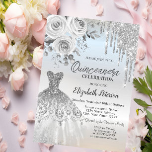 Silver Drips,Dress Roses Silver Quinceanera Invitation