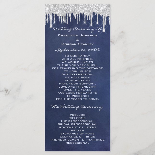 Silver Drips Event Wedding Program Formal Navy (Front)