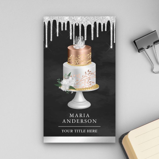 Silver Drips Floral Cake Black Pastry Chef Bakery Business Card (Creator Uploaded)