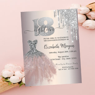 Silver Drips Glitter Chic Dress 18th Birthday Invitation