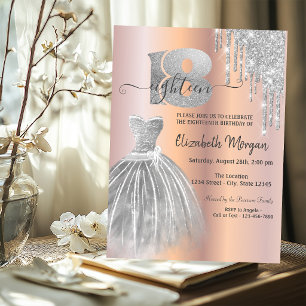 Silver Drips Glitter Dress Rose Gold 18th Birthday Invitation