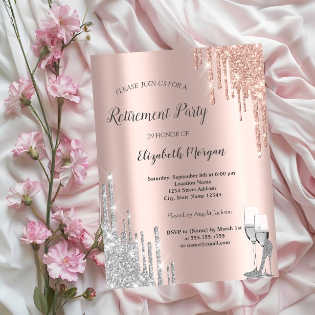 Silver Drips,High Heels Rose Gold Retirement Party Invitation (Creator Uploaded)