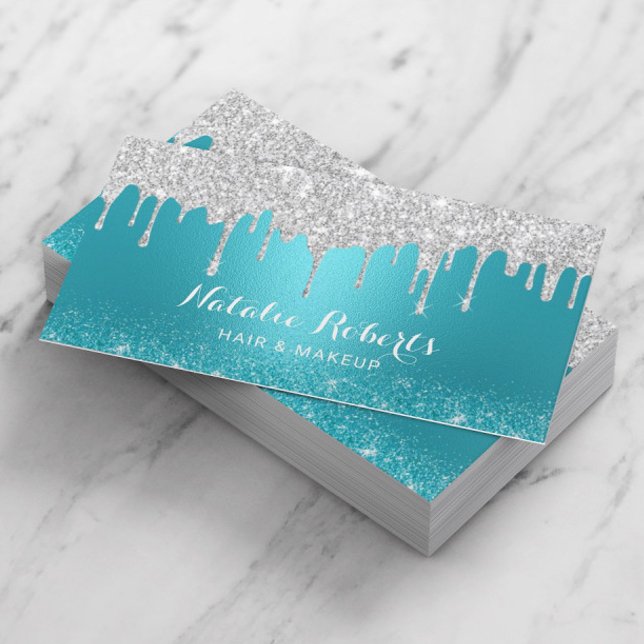 Silver Drips Teal Makeup Artist Hair Stylist Business Card (Creator Uploaded)