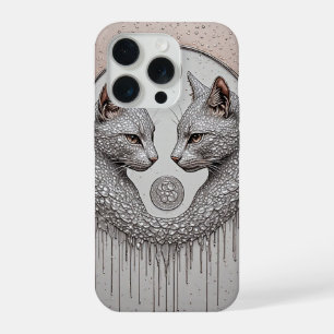 Silver Dual Cats ✨ Symmetrical Faces Elegant Moder iPhone 15 Pro Case