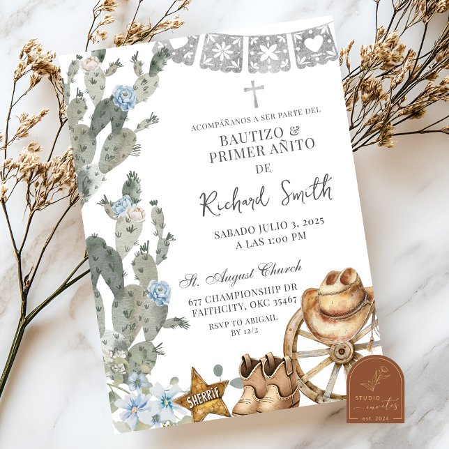 Silver Dusty Blue Cowboy Spanish Bautizo Invitation (Creator Uploaded)