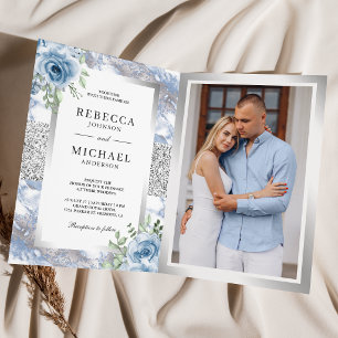 Silver Dusty Blue Floral Marble QR Code Wedding Invitation