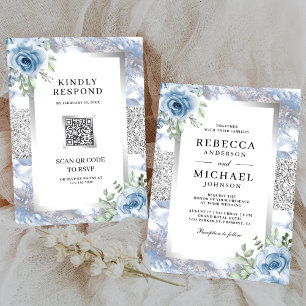 Silver Dusty Blue Floral Marble QR Code Wedding Invitation