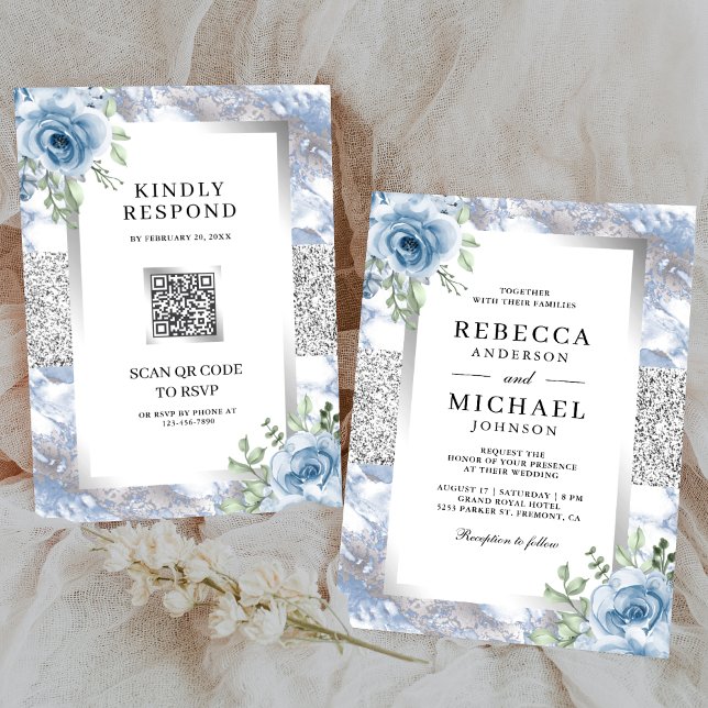 Silver Dusty Blue Floral Marble QR Code Wedding Invitation (Creator Uploaded)