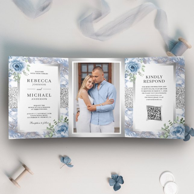 Silver Dusty Blue Floral Marble QR Code Wedding Tri-Fold Invitation (Creator Uploaded)
