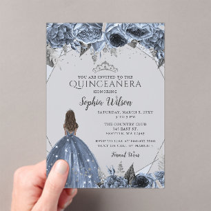 Silver Dusty Blue Floral Princess Quinceañera  Acrylic Invitations