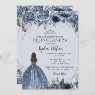 Silver Dusty Blue Floral Princess Quinceañera  Invitation