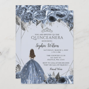 Silver Dusty Blue Floral Princess Quinceañera  Invitation