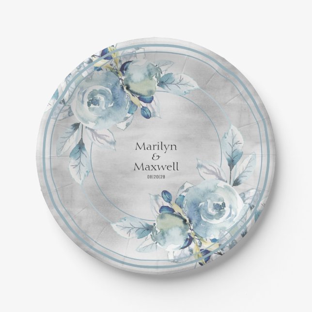 Silver Dusty Blue Peony Wedding 7 Inch Luncheon Paper Plate (Front)