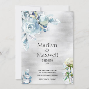 Silver Dusty Blue Peony Wedding Invitation