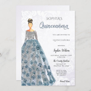 Silver Dusty Blue Sparkle Dress Quinceanera  Invitation