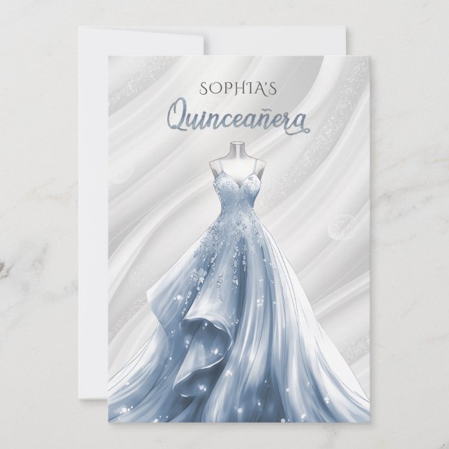 Silver Dusty Blue Sparkle Dress Quinceañera Quince Invitation (Front)