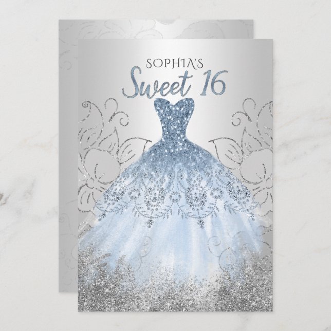 Silver Dusty Blue Sparkle Dress Sweet 16 birthday Invitation (Front/Back)