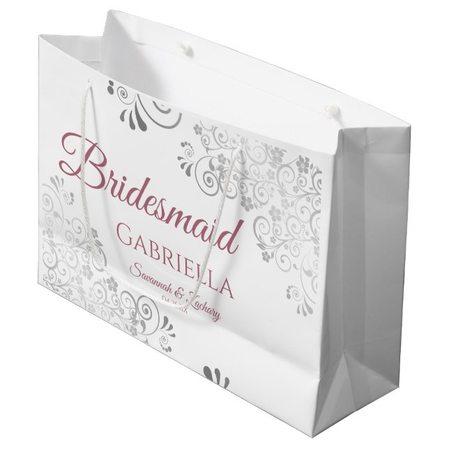 Silver & Dusty Rose on White Bridesmaid Wedding Large Gift Bag (Front Angled)