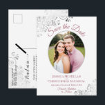 Silver & Dusty Rose Wedding Save the Date Photo Announcement Postcard<br><div class="desc">This beautiful save the date postcard is designed to give your friends and family advance notice of your upcoming wedding. It features a simple yet elegant design with dusty rose or mauve pink text on a white background, and your photo in an oval frame surrounded by frilly silver grey faux...</div>