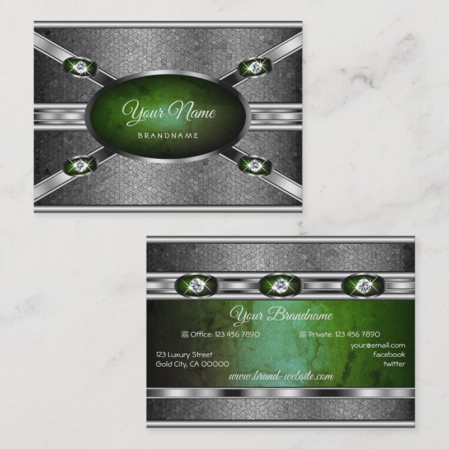 Silver Effects Green Marble with Faux Gemstones Business Card (Front/Back)