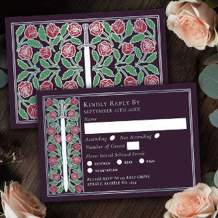 Silver Eggplant Mediaeval Floral Sword Wedding RSV RSVP Card